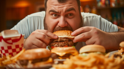 a fat man eating a hamburger and a lot of fast food in front of him. junk food. 