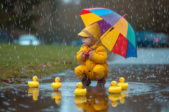A cheerful child finds joy in the midst of a rainy day, armed with their trusty yellow umbrella and a playful flock of rubber ducks