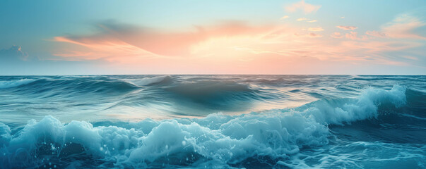 Fototapeta na wymiar Sea waves against blue sky, sunset