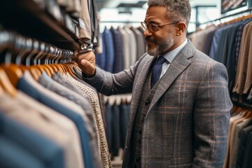A well-dressed man ponders his choices while standing in front of a row of tailored suits in a bustling train station - obrazy, fototapety, plakaty