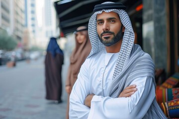 A bearded man stands confidently on a bustling street, his arms crossed over his chest, dressed in traditional clothing and a turban, his gaze fixed on a grand building in the distance - obrazy, fototapety, plakaty