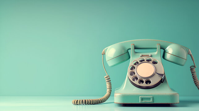 Retro mint green telephone on green background. copy space. 