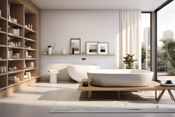 Fototapeta na wymiar open concept bedroom with a freestanding soaking tub
