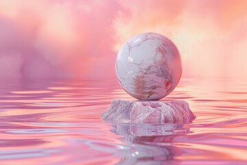marble sphere on marble platform against pastel background, sitting in iridescent chromatic liquid