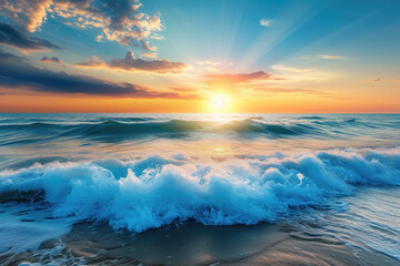 Naklejka na ściany i meble Sea waves against blue sky, sunset