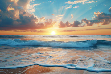 Fototapeta premium Sea waves against blue sky, sunset