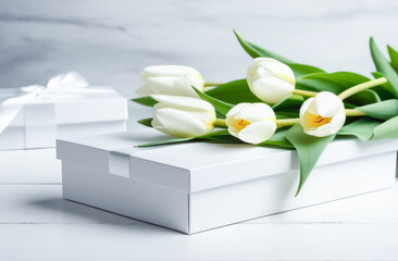 White tulips next to a white gift box on a white table. Women's day, mother's day.