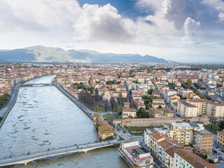Aerial view of the Arno river during flood, Pisa, Italy - 722051456