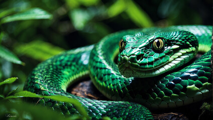 Fototapeta premium Snake on wooden background. Green snake is symbol of 2025.