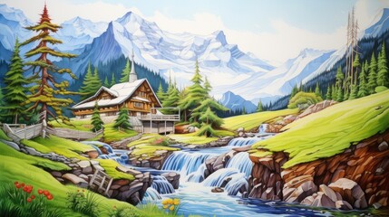enchanted waterfall countryside abode - obrazy, fototapety, plakaty