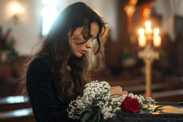 A woman in a black shirt creates a stunning bouquet with delicate rose petals, surrounded by flickering candles, showcasing her skill in the art of floristry and adding a touch of elegance to the ind - obrazy, fototapety, plakaty