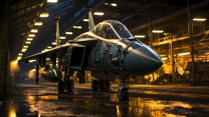 Nighttime image of military aircraft undergoing maintenance inside a well-lit hangar, emphasizing precision engineering
