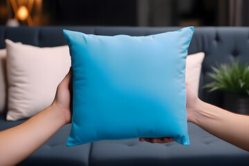 Girl is holding Blue Pillow in hands, Pillow mockup template