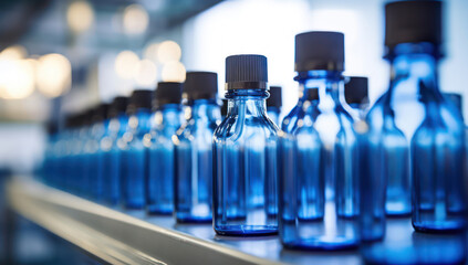 Scientific Chemical Analysis in a Blue Laboratory: Transparent Glassware, Bottles, and Equipment for Medical Research