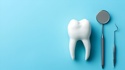 Tooth and dental instruments on blue background. Dental treatment. generative ai 