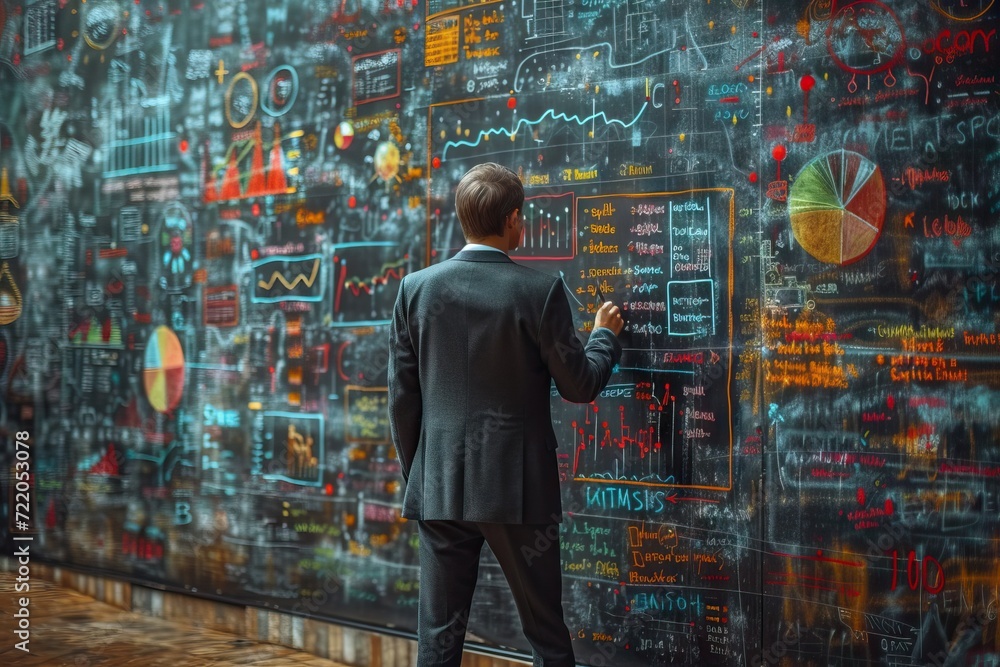 Poster businessman works on a sketches of a startup creative project. generative ai