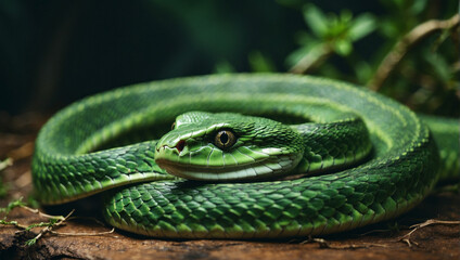 Snake on wooden background. Green snake is symbol of 2025.