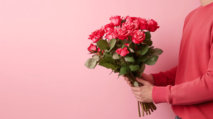 Man giving flowers for lover. Valentine's day concept background. Copy space.