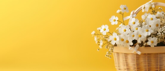 Sunshine and Daisies: White Flowers in Wicker Basket on Yellow - Generative AI