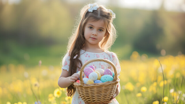 Easter holiday celebration banner greeting card - Closeup of young girl child standing in a meadow, holding a basket with painted easter eggs outdoors in spring park, generative ai