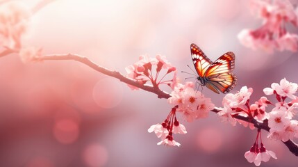 Serene Spring Awakening: Butterfly and Cherry Blossoms in Soft Sunlight - Generative AI - obrazy, fototapety, plakaty