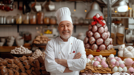 Portrait of a chocolatier man with Easter chocolate eggs on the background.