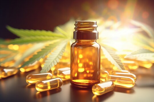 Golden CBD Oil Capsules with Cannabis Leaf: Natural Wellness and Health - Generative AI