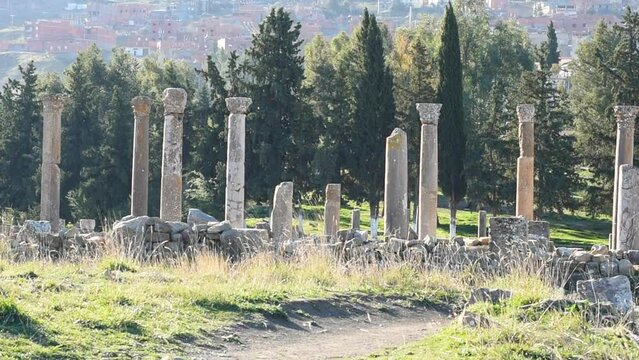 Roman columns in the ancient Roman town of Djemila. Setif, Algeria. UNESCO World Heritage Site.