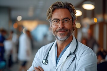Smiling doctor is happy at the hospital. Generative AI