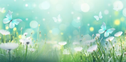 Obraz premium Enchanted Meadow: Blue Butterflies and Dandelions in a Dance of Spring - Generative AI