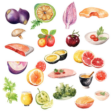 watercolor pictures with food, fruits, fish and meat, isolated on white background, clipart