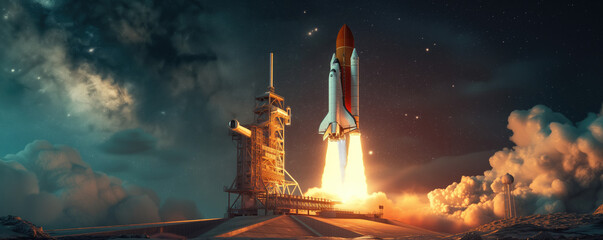 Spaceship rocket being taking off launch pad at space station platform