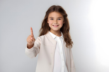 Full-Size Photograph of a Positive and Gorgeous Girl, Indicating with her Finger towards an Empty Space. Exuding Positivity and Charm, Isolated Against a Striking White Background.