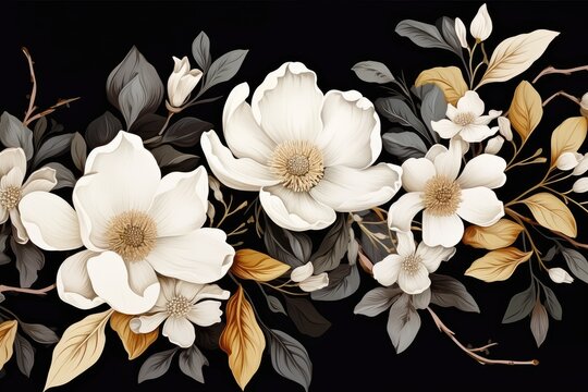 Elegant Botanical Art: White Floral Illustration on Black Background - Generative AI