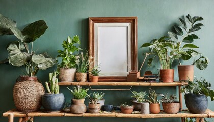 frame with flowers and leaves.a Scandinavian room interior with a brown bamboo shelf hosting a mock-up photo frame and an assortment of beautiful plants in hipster and design pots. Infuse modernity an