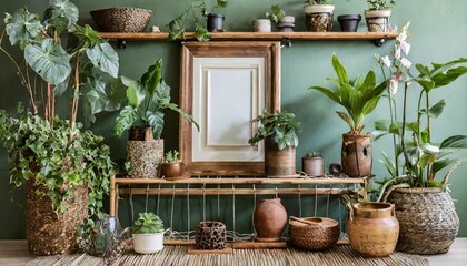 a Scandinavian room interior with a brown bamboo shelf hosting a mock-up photo frame and an assortment of beautiful plants in hipster and design pots. Infuse modernity and a floral aesthetic against g