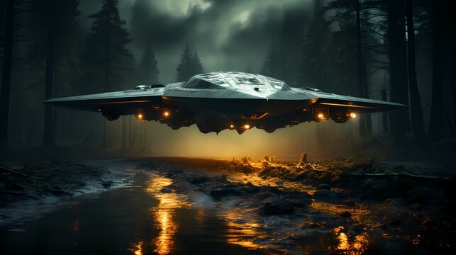 Night vision image of a stealth bomber taking off from a secret military base, shrouded in darkness