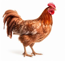 Regal Brown Rooster Showcasing Its Beautiful Feathers on White - Generative AI