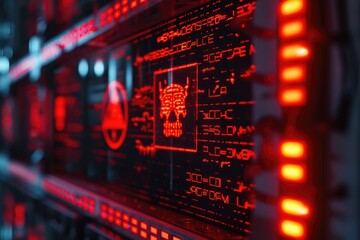 Obraz premium LCD displa skull Warning icon cyber attack, malware, ransomware, data breach, system hacking, virus, spyware, compromised information