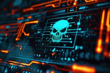 LCD displa skull Warning icon cyber attack, malware, ransomware, data breach, system hacking, virus, spyware, compromised information