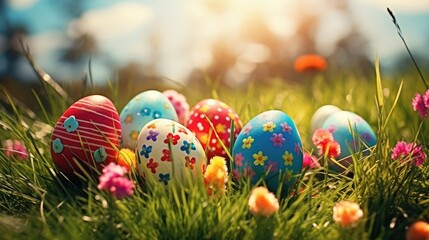 Fototapeta na wymiar Sunny Meadow Easter Egg Hunt: Colorful Celebration of Spring - Generative AI