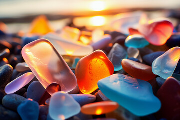 close up of colourful beach glass 