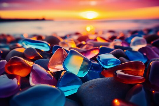 Macro image of beach glass at sunset 