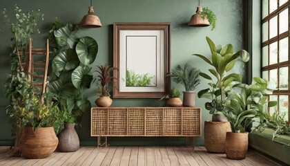 living room with table and flowers.an inviting digital illustration portraying a Scandinavian room interior enriched with a brown bamboo shelf featuring a mock-up photo frame and stylish plants in hip - obrazy, fototapety, plakaty