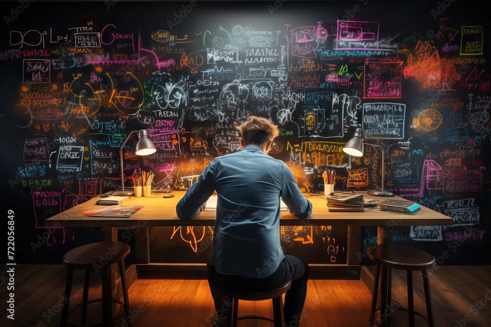 Poster businessman works on a sketches of a startup creative project. generative ai