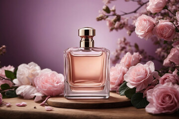 Perfume bottle with flowers in a transparent glass container, and rose in a Luxurious and Refreshing spa ambiance featuring aromatic oils, vibrant flowers, and a serene composition