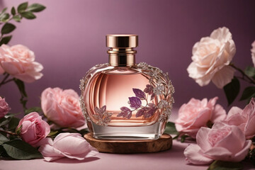Obraz na płótnie Canvas Perfume bottle with flowers in a transparent glass container, and rose in a Luxurious and Refreshing spa ambiance featuring aromatic oils, vibrant flowers, and a serene composition