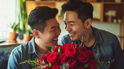 Happy asian gay couple hugging with bouquet flowers. Engagement celebration. Pride concept. Generative AI