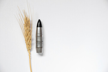 Armor-piercing bullet and a spike of wheat on a white background , weapons and cartridges