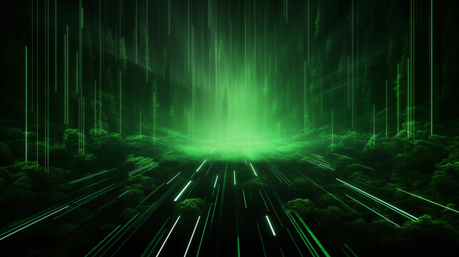Abstract 3D background of green neon lines sliding down. Modern wallpaper.